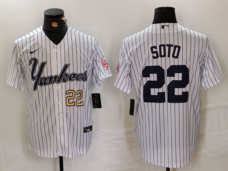 Men New York Yankees #22 Soto White stripe Three generations of joint names Nike 2024 MLB Jersey style 2->youth mlb jersey->Youth Jersey